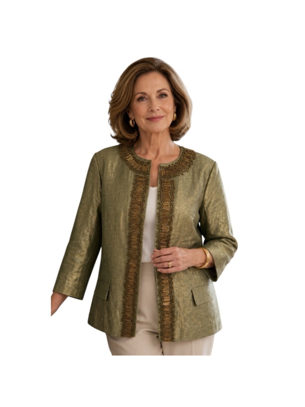 Chico's Olive Metallic Beaded Jacket Open Front 3/4 Sleeve